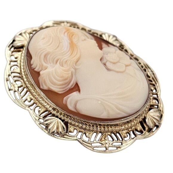 Symmetalic Sterling 12K Gold Shell Carved Cameo Brooch Pendant, Signed - Picture 4 of 11
